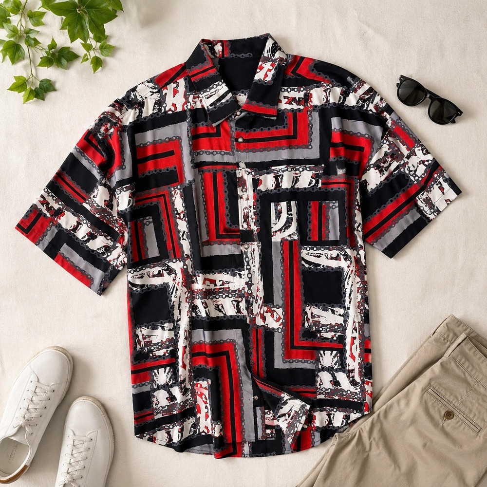 Stacy Adams Button Down Shirt Mens 4XL Black Red New Geometric Chain Print